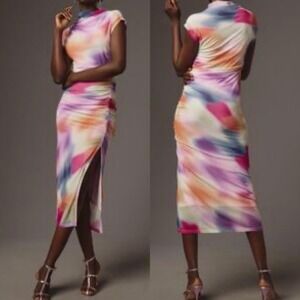 Anthropologie Maya Watercolor Mesh Midi Dress Multicolor Ruched Slit XS NWOT (I)